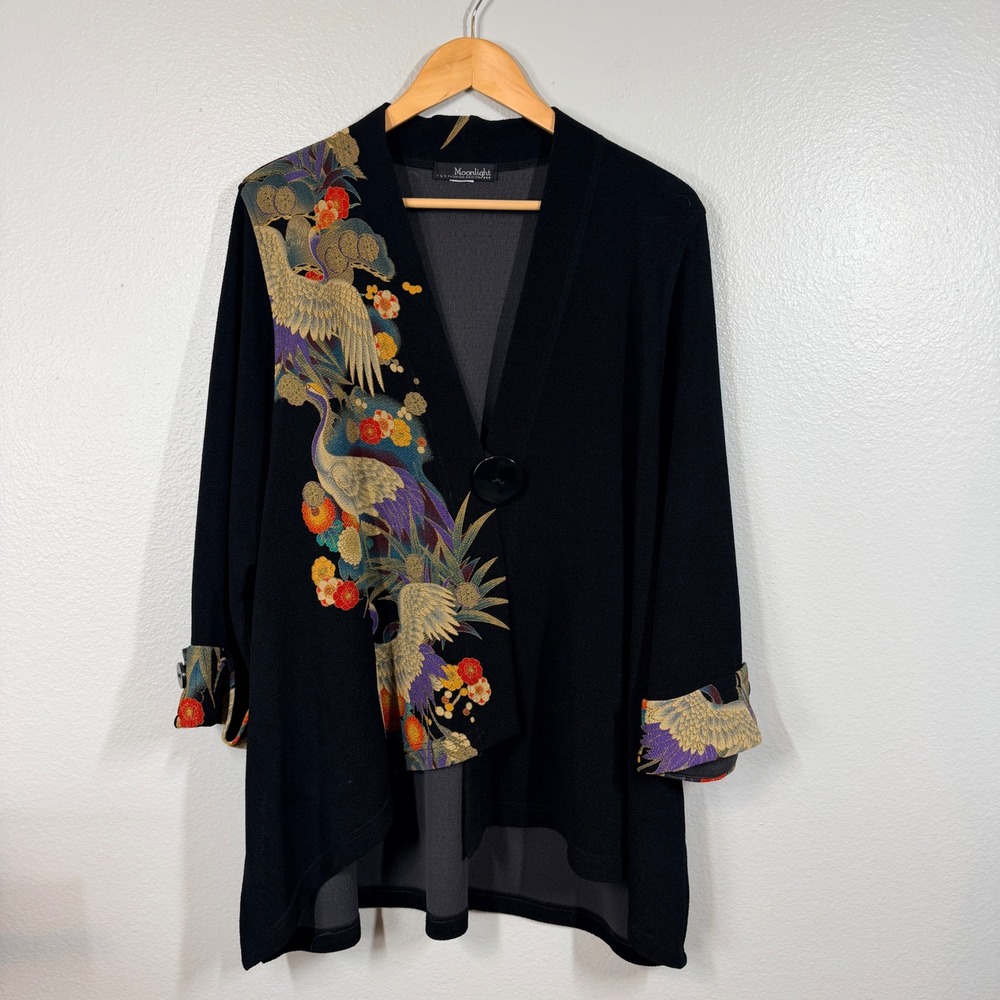 Moonlight Y&S Fashion Cardigan Women's L Black Crane Floral Kimono Style Texture